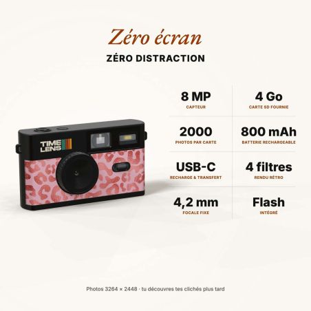 TimeLens Pink Leopard Appareil Photo Vintage Sans Écran