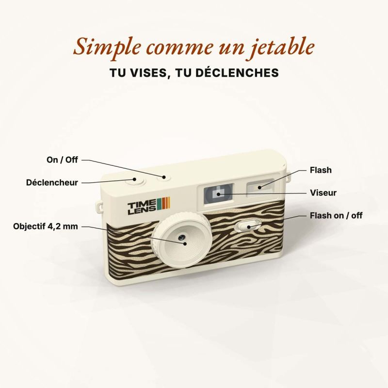 TimeLens Cream Zebra Appareil Photo Vintage Sans Écran