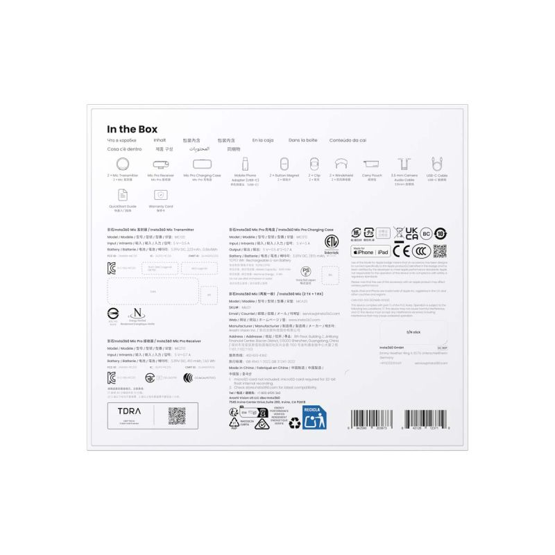 Insta360 Mic Kit 2 TX + 1 RX avec Étui de Recharge